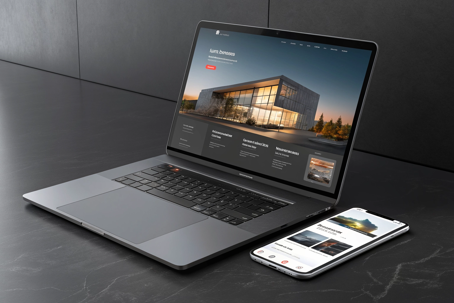 Premium digital portfolio mockup showing a collection of modern website designs on a laptop and smartphone, dark charcoal background, professional lighting.
